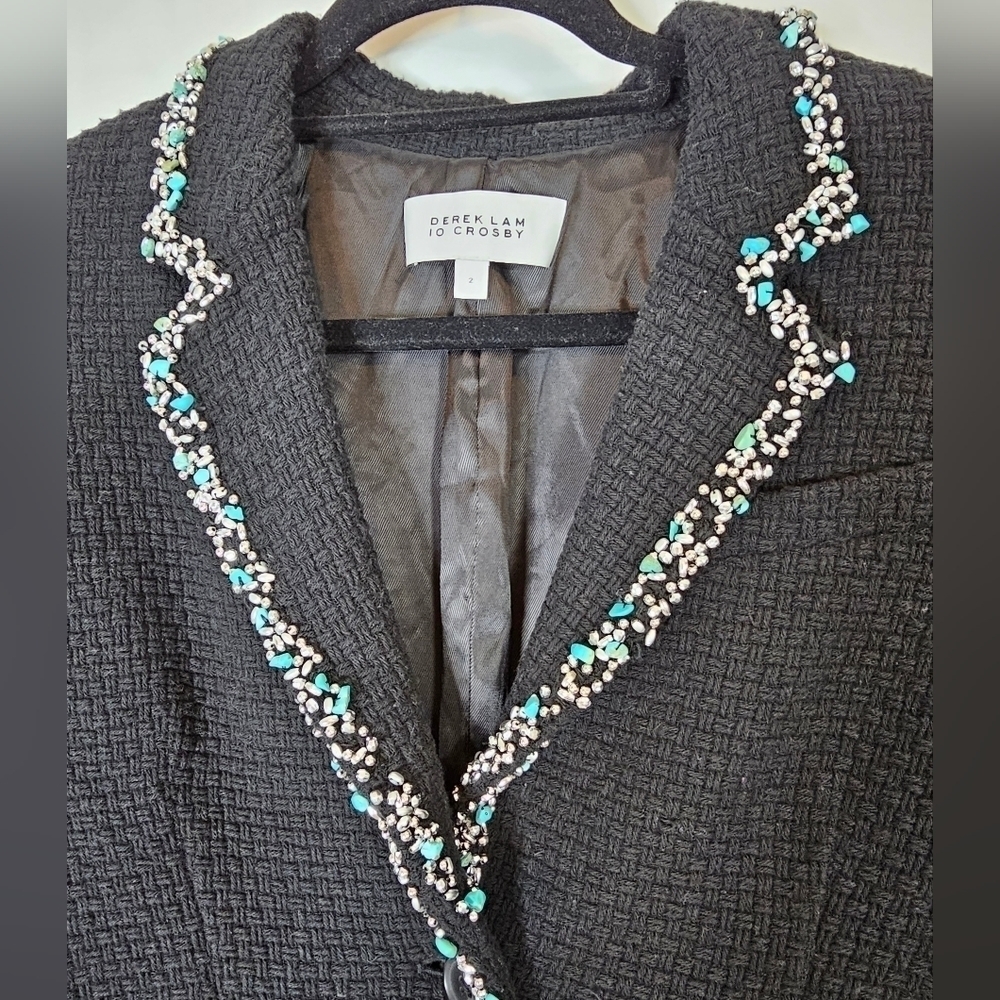 DEREK Lam 10 Crosby size 2 black gathered sleeve tweed blazer turquoise stones - Picture 3 of 6